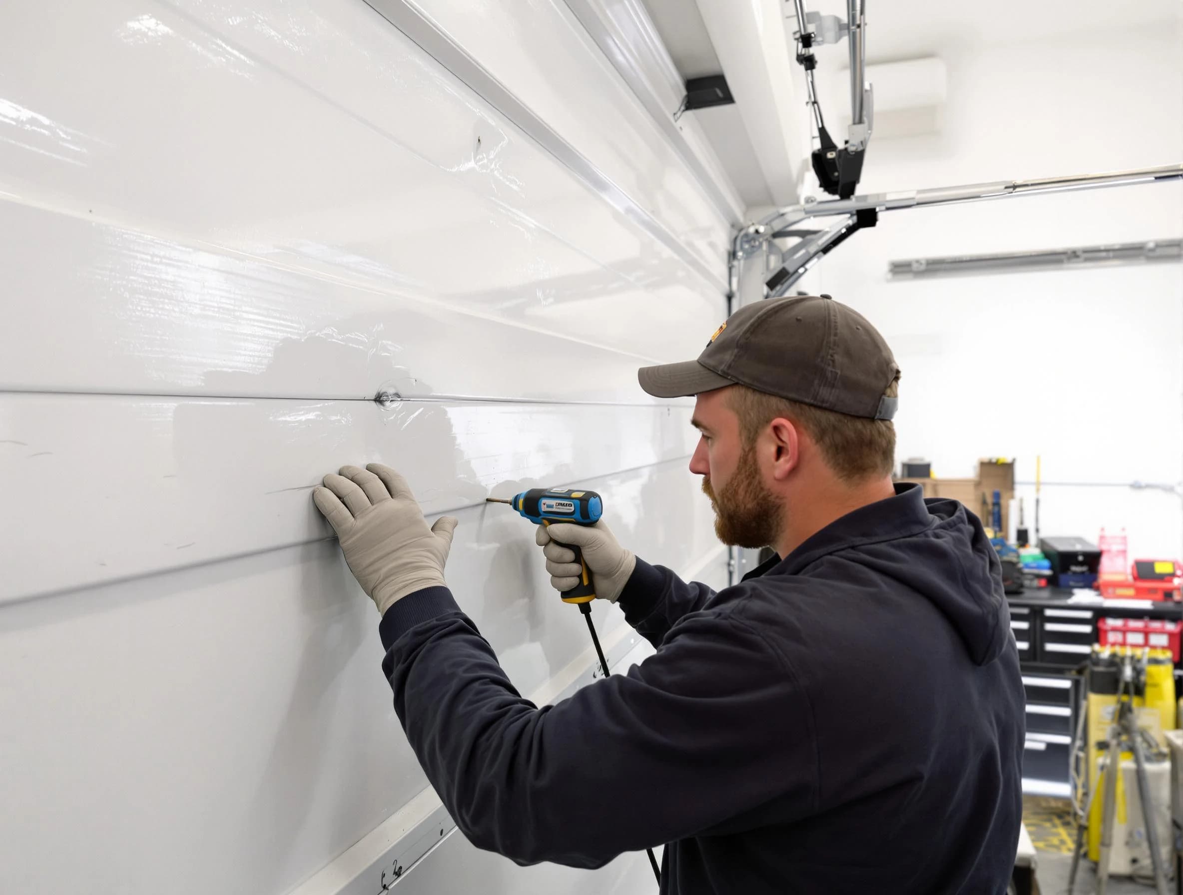 Dacono Garage Door Repair technician demonstrating precision dent removal techniques on a Dacono garage door